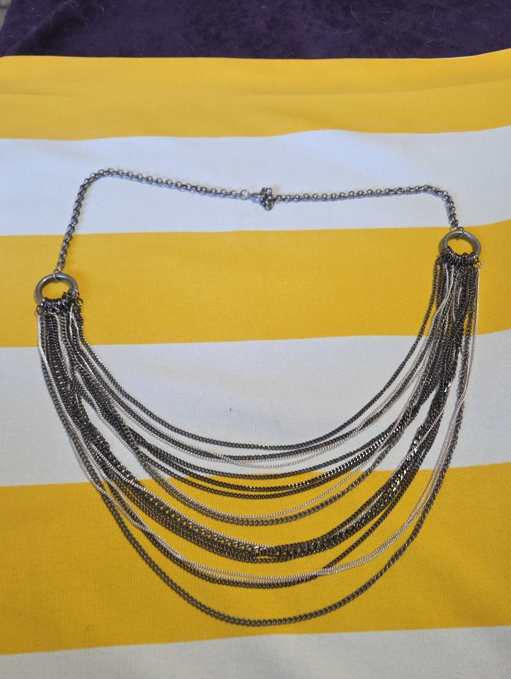 Multi Strand Layered Chain Statement Necklace Silver Gunmetal Mixed Metal Boho